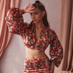 House of CB Monica Rose Print Satin Plunge Top